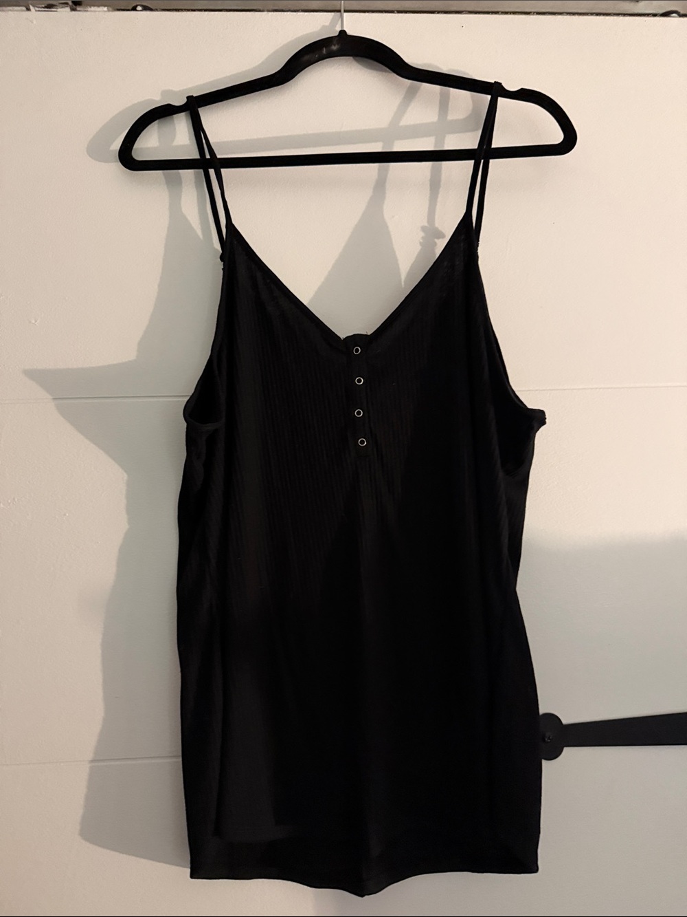 Black Ribbed V-Neck Spaghetti Strap Camisole with Button Detail